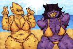 alphys anthro areola areola_slip beach belly big_areola big_belly bikini blue_sky bodily_fluids breasts buckteeth clothing cocky dark_hair day deep_navel deltarune detailed_background duo embarrassed female flipping_viewer_off freckled_breasts freckled_legs freckled_thighs freckles front_view gesture gold_bikini golden_week hand_gesture looking_at_viewer narrowed_eyes navel nipples non-mammal_breasts non-mammal_navel non-mammal_nipples obscured_eyes overweight overweight_anthro overweight_female purple_body purple_scales sand scales scaliescum sky smile squint sun susie_(deltarune) sweat swimwear teeth thick_thighs two-piece_swimsuit undertale_(series) v_sign yellow_body yellow_scales yellow_teeth