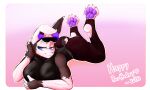 absurd_res blue_eyes breasts butt clothing digital_media_(artwork) eyewear female fur glasses hi_res holding_breast keitfa lagomorph leporid lying mammal multicolored_body multicolored_fur on_front pawpads paws pink_background purple_pawpads rabbit simple_background solo stirrup_legwear swimwear