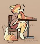 abdominal_bulge ambiguous_gender ambiguous_prey anthro arm_support black_nose brown_body brown_fur canid canine canis chair clothed clothing english_description fur furniture heart_symbol hi_res humanoid_hands leaning_on_elbow male male_pred mammal mollietown on_chair pink_clothing pink_shirt pink_t-shirt pink_topwear raised_clothing raised_shirt raised_topwear rumbling_stomach shirt sitting sitting_on_chair solo t-shirt table tail tail_motion tailwag tan_body tan_fur topwear vore wolf