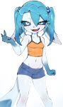 2026 absurd_res anthro azuu biped breasts chibi claws clothed clothed_anthro clothed_female clothing digital_drawing_(artwork) digital_media_(artwork) eeveelution female fingers front_view fur generation_4_pokemon glaceon hair hi_res looking_at_viewer mesugaki navel nintendo pokemon pokemon_(species) smile solo standing tail