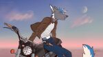 16:9 animated anthro bottomwear canid canine canis clothing denim denim_bottomwear denim_clothing full-length_portrait jacket jeans krampuzzz krampuzzzda leather leather_clothing leather_jacket leather_topwear male mammal motorcycle pants portrait relaxing solo sunset topwear vehicle widescreen wind wolf