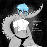 1:1 abstract_background absurd_res anon_(snoot_game) anthro anthro_focus arm_tattoo baryonyx biped black_clothing black_panties black_underwear blue_hair breasts cavemanon_studios clothed clothed_anthro clothed_female clothing crop_top crossgender dialogue dinosaur duo english_text eyebrow_piercing eyebrow_ring eyelashes facial_piercing facial_tattoo female female_focus fingers front_view goodbye_volcano_high gothgator0 grey_body grey_eyes hair hi_res human human_on_anthro humanoid_hands interspecies ko_op_(game_developer) leg_tattoo long_tail male male/female mammal markings medium_breasts mostly_offscreen_human mostly_offscreen_male mtf_crossgender navel navel_piercing nick_(gvh) non-mammal_breasts non-mammal_navel panties piercing prehistoric_species reptile restricted_palette ring_piercing saurischian scalie shirt short_hair skimpy smile snoot_game solo_focus speech_bubble spiked_tail spikes spikes_(anatomy) spinosaurid striped_markings stripes tail talking_to_another tattoo text theropod topwear underwear white_clothing white_crop_top white_topwear