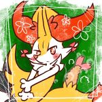 1:1 2023 :< ambiguous_anthro ambiguous_gender annyui0611 anthro biped blush blush_stickers border bow_ribbon braixen canid digital_drawing_(artwork) digital_media_(artwork) dipstick_tail featureless_crotch food front_view generation_6_pokemon hi_res japanese_description looking_at_viewer mammal markings mouth_closed nintendo object_in_tail pokemon pokemon_(species) portrait shrimp_(food) simple_background snout solo steam tail tail_markings three-quarter_portrait translated_description white_border