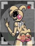 animatronic anthro avian bib bird black_sclera body_writing butt chicken clothing female five_nights_at_freddy's five_nights_at_freddy's_2 galliform hi_res humanoid ianmontreal223 looking_at_viewer looking_back looking_back_at_viewer machine mooning panties phasianid pink_clothing pink_panties pink_underwear presenting presenting_hindquarters robot robot_humanoid scottgames security security_camera sharp_teeth smile smiling_at_viewer solo teeth toy_chica_(fnaf) underwear white_eyes writing_on_butt