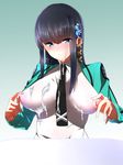  areolae black_hair blue_eyes blush breasts cum cum_on_body cum_on_breasts cum_on_clothes cum_on_upper_body erect_nipples facial female gradient gradient_background hair_ornament highres impossible_clothes impossible_shirt large_breasts long_hair mahouka_koukou_no_rettousei necktie nipple_tweak nipples pointy_breasts school_uniform see-through shiba_miyuki shirt shumichi smile solo 