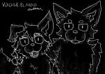 absurd_res anthro bared_teeth black_body black_ears black_eyes black_fur black_hair black_nose blavoid canid canine canis duo ear_tuft female fur hair hand_on_shoulder hi_res long_hair male mammal markings monochrome open_mouth photo pupils sketch smile standing taking_picture teeth touchworse tuft voida wolf