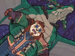 4_fingers ambiguous_gender anthro antlers armor back_wings bear beard belt belt_buckle belt_pouch blizzard_entertainment bottomwear brown_beard brown_body brown_eyebrows brown_facial_hair brown_fur buckle button_(fastener) cel_shading claws clothed clothing curly_hair dracthyr dragon duo ear_piercing ear_ring european_mythology eyebrows eyewear facial_hair facial_markings facial_scales fingerless_gloves fingers flower flying frill_(anatomy) fur gem gloves goatee green_body green_gem green_scales hair handwear head_markings hi_res horn humanoid_hands jacket leaf long_hair male mammal markings mythological_creature mythological_scalie mythology night outside pandaren pants piercing plant quasarbearcat ring_piercing scale_eyebrows scales scalie scared shaded spread_wings star sunglasses tan_body tan_scales topwear vines warcraft western_dragon white_body white_fur wings wooden_antlers yellow_eyes