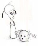 1998 5_fingers ambiguous_gender animate_inanimate anthro anthrofied ball black_and_white bowling_ball bowling_pin canid canine canis cat_eared_creature claws collar domestic_cat domestic_dog duo felid feline felis fingers living_bowling_pin long_ears mammal monochrome shasa sketch spiked_collar spikes thin_ears