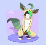 4_toes absurd_res aevyn anthro bare_chest barefoot bedroom_eyes bell_koji black_body black_claws black_fur claws clothing countershading covering covering_self crouching cute_fangs domestic_cat eeveelution facial_markings fangs feet felid feline felis fur generation_4_pokemon green_eyes green_hair green_markings hair hair_over_eye head_markings hi_res kigurumi leafeon looking_at_viewer male mammal markings mostly_nude multicolored_body narrowed_eyes nintendo onesie pink_nose pokemon pokemon_(species) seductive solo teeth toes white_body white_countershading white_toes