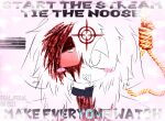 ambiguous_gender anthro blood blood_on_neck blood_splatter blush blush_lines bodily_fluids border collar crosshair derpy distracting_watermark drooling drooling_tongue drugs emo_haircut felid feline floppy_ears fur gun hair hi_res hunting_rifle lazy_eye lidded_eyes mammal noose preychan ranged_weapon real_feral rifle_barrel saliva shock_collar shotgun solo stoned substance_intoxication suicidal suicidal_ideation suicide suicide_baiting text watermark weapon white_body white_fur white_hair