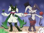 4:3 ambiguous_gender anthro black_body black_fur card clothing dancing duo dupin_(pal) felid feline fur generation_9_pokemon green_body green_fur hand_holding hat headgear headwear hi_res jester lagomorph leaf leporid magician mammal mask meowscarada nintendo palworld pink_eyes pocketpair pokemon pokemon_(species) rabbit staff stage vavacung white_body white_fur yellow_eyes