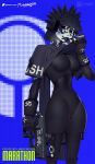 android black_body black_eyes bodily_fluids bottomless breasts bruised bruised_face bungie clothed clothing clothing_lift cybernetics cyborg english_text female flytrapxx gloves gun handwear hi_res humanoid lipstick machine makeup marathon_(series) markings not_furry patreon pose ranged_weapon robot robot_humanoid screen shirt shirt_lift shirt_only small_waist solo sweat text topwear topwear_only vandal_(marathon) weapon wounded