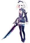  black_legwear blue_eyes character_request clenched_hand copyright_request dress gradient hairband heterochromia highres looking_to_the_side muted_color purple_eyes riuichi simple_background sketch solo standing sweater sweater_dress sword thighhighs turtleneck weapon white_background white_hair 