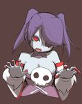  1girl bare_shoulders blood blue_skin detached_collar detached_sleeves eye_socket hair_over_one_eye kurokuro_(pmnovel) purple_hair red_eyes side_ponytail simple_background skullgirls squigly_(skullgirls) stitched_mouth striped_sleeves zombie 