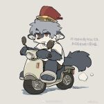 1:1 anthro aquila_(imoyasu_muteki) armor black_bottomwear black_clothing bottomwear canid canine canis clothing footwear grey_hair hair headgear helmet hi_res male mammal milkybot moped red_eyes scar shoes slippers solo topwear vehicle white_clothing white_topwear wolf