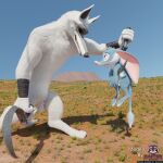 3d_(artwork) absurd_res animal_genitalia anthro arm_wrapping arm_wraps balls bandicoot big_ear bilby bilby_(dreamworks) black_nose black_sclera blender_(artwork) blender_cycles_(artwork) blue_body blue_fur canid canine canine_genitalia canis crossover dangling dangling_legs death_(puss_in_boots) desert digital_media_(artwork) dreamworks dual_wielding duo english_text eye_contact facial_markings floppy_ears fluffy frown fully_sheathed fur fuzzy genitals grass grin head_markings hi_res holding_object holding_weapon larrikins long_ears looking_at_another male male/male mammal markings marsupial mask_(marking) nervous nude outback outside penis penis_tip perry_(bilby) pink_nose plant puss_in_boots_(franchise) rasterraccoon red_eyes retracted_sheath sheath sickle size_difference smile standing tail text watermark weapon whiskers white_body white_fur wolf wrapped_arms wraps
