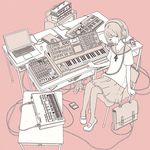  amplifier briefcase cable chair closed_eyes collarbone computer frilled_skirt frills headphones instrument keyboard_(instrument) laptop listening_to_music mary_janes minimoog_voyager mitsuki_mouse monochrome multiple_monochrome music original pink_background playing_instrument plug roland_(company) roland_tr-909 school_uniform sepia serafuku shoes short_sleeves simple_background sitting skirt sleeping sleeping_upright synthesizer 