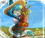 absurd_res anthro apron belt belt_pouch big_ears blue_body boots clothed clothing dennhaze detailed_background digital_media_(artwork) eeveelution eyewear female flower footwear garden gardening generation_4_pokemon glaceon glasses gloves green_eyes hair handwear happy hat headgear headwear hi_res holding_object irene_(dennhaze) leaf legwear looking_at_viewer mammal multicolored_body multicolored_hair nintendo open_mouth outside petals plant pokemon pokemon_(species) shirt shoes sky skyscape smile solo straw_hat tail teeth thorns tongue topwear two_tone_body two_tone_hair vase wearing_glasses