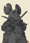 anthro big_butt blade bottomless breasts buckteeth butt clothed clothing cut_ear featureless_crotch female hi_res mammal melee_weapon mina_(mina_the_hollower) mina_the_hollower mouse murid murine notched_ear overweight pose rodent sheeplygoatus short_sword slightly_chubby slightly_chubby_anthro slightly_chubby_female small_breasts smile solo sword teeth twin_blade weapon yacht_club_games