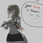 1:1 anthro argonian armor beaded_jewelry beads belly biceps bite bodypaint bottomwear bra_strap_showing_(meme) bracers clothing colored_sketch dagger dark_body dialogue english_text face_paint feather_hair feathers female gauntlets glaring_at_viewer gloves handwear hi_res jewelry looking_at_viewer melee_weapon meme microsoft muscular muscular_female navel_outline pseudo_hair pupils scalie simple_background situth_(varlastreak) sketch skirt slit_pupils solo speech_bubble standing straps teeth_showing text the_elder_scrolls topwear tube_top varlastreak weapon
