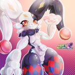 air_valve animate_inanimate anthro clown derpy_nature dupin_(pal) glistening glistening_body handpaw hi_res humanoid inflatable jester lagomorph latex latex_body latex_skin leporid living_inflatable mammal palworld paws pocketpair pool_toy rabbit solo squeak squeaking swimming_pool toy wide_hips