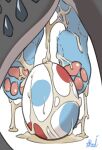 2026 ambiguous_form ambiguous_gender bite_mark blue_body blue_fur bodily_fluids cum cum_drip cum_on_egg cum_on_feet digitigrade dripping duo egg emoji_description excessive_cum excessive_genital_fluids feet fur genital_fluids hi_res hindpaw leg_cropped_sex noyamaaoi pawpads paws pink_pawpads signature simple_background spiked_tail spikes spikes_(anatomy) spotted_egg tail toony white_background