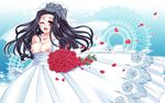  bare_shoulders black_hair breasts dress earrings elbow_gloves flower gloves gradient gradient_background jewelry long_hair mahouka_koukou_no_rettousei necklace one_eye_closed open_mouth ponytail rose saegusa_mayumi tiara veil wedding wedding_dress wink 