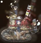  3girls absurdres armored_vehicle camouflage camouflage_paint engine flag highres military_vehicle motor_vehicle multiple_girls open_hatch original pillbug qinlios skull smiley_face smoking squeans tank tank_gun 
