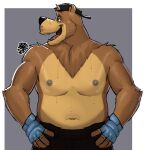 anthro arches_(game) arm_tuft backwards_baseball_cap backwards_hat baseball_cap bear belly bodily_fluids bottomwear brown_bear brown_body brown_fur clothed clothing devon_ortega echo_(series) echo_project fingerless_gloves fur gloves hands_on_hips handwear hat head_tuft headgear headwear hi_res hunter-husky looking_sideways male mammal moobs musclegut muscular navel neck_tuft nipples open_mouth pants shoulder_tuft simple_background slightly_chubby solo standing sweat tan_body tan_fur teeth_showing tongue topless topless_male tuft ursine