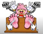 5_toes amy_rose anthro barefoot bound chain chained chained_cuffs clothing disembodied_hand dress eulipotyphlan eyelashes eyes_closed feet female foot_fetish foot_focus gloves goldent5 handwear hedgehog hi_res laugh mammal open_mouth pink_body pink_eyelids raised_arms red_clothing red_dress restrained_arms restrained_legs restraints ring_(jewelry) sega simple_background solo sonic_the_hedgehog_(series) stocks submissive submissive_anthro submissive_female text tickle_torture tickling tickling_feet toes