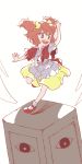  1girl arc_the_lad bobby_socks bow choko_(arc_the_lad) commentary_request dress hair_ribbon happy highres open_mouth red_hair ribbon shawl shoes short_hair short_twintails skirt smile socks solo twintails yellow_bow 