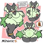 absurd_res anthro belly big_belly big_breasts big_butt breasts burger butt clothing digital_media_(artwork) english_text fat_belly felid feline female female_anthro flower food fur generation_9_pokemon green_body green_fur hair hi_res huge_belly huge_breasts huge_butt huge_hips huge_thighs hyper hyper_belly inflation looking_at_viewer mammal mask meowscarada mushkoe navel nintendo obese obese_female open_mouth overweight overweight_anthro overweight_female panties plant pokemon pokemon_(species) simple_background smile solo tail text thick_thighs thighs_together underwear wearing_mask weight_gain wide_hips