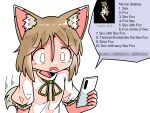 4chan animal_humanoid brown_hair canid canid_humanoid canine canine_humanoid cellphone clothing d: dipstick_ears ear_markings electronics english_text female fox_humanoid frown hair holding_cellphone holding_object holding_phone holding_smartphone humanoid inner_ear_fluff kasuya_baian looking_at_cellphone looking_at_object looking_at_phone mammal mammal_humanoid markings multicolored_ears open_frown open_mouth phone shocked simple_background smartphone solo tail text touhou tsukasa_kudamaki tuft white_background white_clothing white_ear_tips wide_eyed