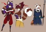 2026 accessory ailurid anthro armor big_breasts breasts brown_eyes chest_tuft cleavage clothed clothing eyebrows eyelashes female green_eyes group hair hair_accessory hair_sticks hi_res huge_breasts mammal melee_weapon midriff red_panda scorpdk trio tuft weapon