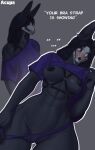 2026 abs absurd_res acupa anthro areola black_body black_hair blush blush_lines bra_strap_showing_(meme) breasts clothed clothing clothing_lift female hair hi_res malo meme nipples nude o-ring panties scp-1471-a scp_foundation shirt shy skulldog_(species) solo standing straps t-shirt t-shirt_lift text tongue tongue_out topwear underwear