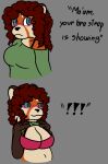 2026 ailurid anthro big_breasts blue_eyes bra_strap_showing_(meme) breasts clothed clothing english_text exclamation_point eyelashes eyewear female fur glasses grey_background hair hi_res mammal meme navel orange_body orange_fur pink_eyewear pink_glasses red_hair red_panda resin_n._q simple_background slightly_chubby smug solo text underwear wearing_glasses