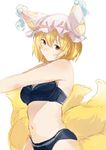  animal_ears bad_id bad_twitter_id bare_arms bare_shoulders blonde_hair bra colorized fox_ears fox_tail hat jpeg_artifacts looking_at_viewer mob_cap multiple_tails navel outstretched_arms panties short_hair simple_background sketch solo stomach surumeri_(baneiro) tail touhou underwear underwear_only white_background yakumo_ran yellow_eyes 