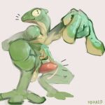 2024 7b7a2f amphibian anthro artist_name balls biped bodily_fluids crouching digital_media_(artwork) emanata erection genital_fluids genitals gesture green_body green_skin hi_res low-angle_view male male_anthro nude nude_anthro nude_male penis precum precum_string pupils simple_background slit_pupils solo tapering_penis text white_background yellow_sclera