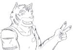  anthro big_muscles clothing feline mammal morenatsu muscles open_mouth plain_background smile tiger torahiko_ooshima victory 
