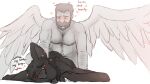 anal anal_penetration angel anthro beard belly big_ears big_nose black_and_white black_body black_fur blush body_hair broad_shoulders butt canid canine canis dialogue duo facial_hair feathered_wings feathers front_view fur heart_symbol hi_res human looking_pleasured love male male/male mammal moan monochrome muscular navel nipples overweight overweight_male paws penetration sex size_difference sketch skyjoy snout spread_wings tail tongue tongue_out wings wolf