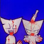 1:1 2023 ambiguous_gender anthro blood blue_background bodily_fluids claws covered_in_blood crt crt_effect crt_monitor domestic_cat duo eyebrows eyelashes felid feline felis femtanyl femtanyl_(artist) fur gore gunshot_wound hi_res knife knife_in_head mammal official_art shot_in_chest shot_in_head simple_background token_(femtanyl) tongue tongue_out webcore white_body white_fur