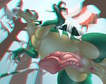  2015 anaglyph animal_genitalia anus claws dinosaur erection fangs feral genital_focus genital_slit green_skin looking_at_viewer looking_down low-angle_shot male outside penis presenting revadiehard sahlohkin_(editor) scalie sky slit slit_pupils solo standing stereogram stripes submissive_pov teeth tree white_skin yellow_eyes yellow_skin 