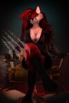 2:3 absurd_res anthro blue_eyes breasts canid canine chair cleavage clothed clothing female fluffy fox fur furniture grin hair hi_res itsmapledoe mammal orange_body orange_fur red_hair sitting smile solo tail villainous