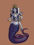 3:4 5_fingers 6_arms apode armlet bangle_bracelet beckoning black_body black_hair black_scales breasts cleavage clothed clothing colored crop_top crotch_lines crown detailed digital_drawing_(artwork) digital_media_(artwork) draconcopode fanggoblin fangs female fingers gesture gold_(metal) gold_jewelry grey_body grey_skin hair hand_on_hip hands_behind_head headgear heroes_of_might_and_magic_3 hi_res jewelry legless lips long_hair multi_arm multi_limb naga naga_queen_(heroes_of_might_and_magic_3) nails partially_clothed pinup pose posing_for_the_viewer queen red_body red_lips red_scales royalty scales serpentine shaded sharp_nails shaved_armpit shirt skinny smile smiling_at_viewer solo tear_trough teeth teratophilia topwear ubisoft