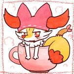 1:1 2023 ambiguous_anthro ambiguous_gender annyui0611 anthro biped blush blush_stickers braixen canid container digital_drawing_(artwork) digital_media_(artwork) dipstick_tail food front_view furgonomic_hat furgonomic_headwear furgonomics generation_6_pokemon hi_res in_container in_cup japanese_description looking_at_viewer mammal markings micro nintendo object_in_tail open_mouth open_smile pokemon pokemon_(species) shrimp_(food) simple_background smile snout solo steam tail tail_markings translated_description