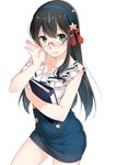  adjusting_eyewear black_hair blue_hairband blush book casual cowboy_shot ello folder frills glasses green_eyes hair_ornament hairband highres holding holding_book kantai_collection long_hair looking_at_viewer looking_over_eyewear ooyodo_(kantai_collection) red-framed_eyewear semi-rimless_eyewear solo white_background 