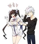  1boy 1girl albino aneunyeoja bell_cranel black_hair blue_ribbon breasts cleavage_cutout closed_eyes dress dungeon_ni_deai_wo_motomeru_no_wa_machigatteiru_darou_ka gloves hair_ornament hair_ribbon hand_behind_head hestia_(danmachi) korean large_breasts long_hair open_mouth pulling red_eyes rei_no_himo ribbon shibari shibari_over_clothes twintails very_long_hair white_dress white_gloves white_hair wince 