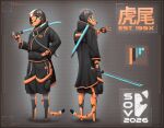 absurd_res android anthro blue_tongue cloak clothed clothing english_text felid fully_clothed gesture glowing hand_gesture hi_res holding_object holding_weapon hood machine male mammal melee_weapon model_sheet pantherine robot robot_anthro scabbard smile solo sovulsen standing streetwear sword sword_on_shoulder synthetic techwear text tiger tongue tongue_out v_sign weapon weapon_on_shoulder
