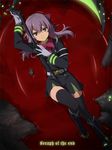  black_footwear blood boots brown_eyes copyright_name dutch_angle gloves hiiragi_shinoa knee_boots long_hair military military_uniform official_style owari_no_seraph purple_hair ribbon ripples ruro_(ruro126) scythe skirt smile solo thighhighs uniform 