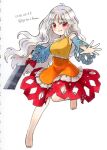  1girl barefoot cleaver closed_mouth commentary_request crop_top dated detached_sleeves frills hair_between_eyes holding holding_cleaver long_hair looking_at_viewer outstretched_arms proton red_eyes sakata_nemuno skirt smile solo standing standing_on_one_leg touhou traditional_media twitter_username wavy_hair white_hair 